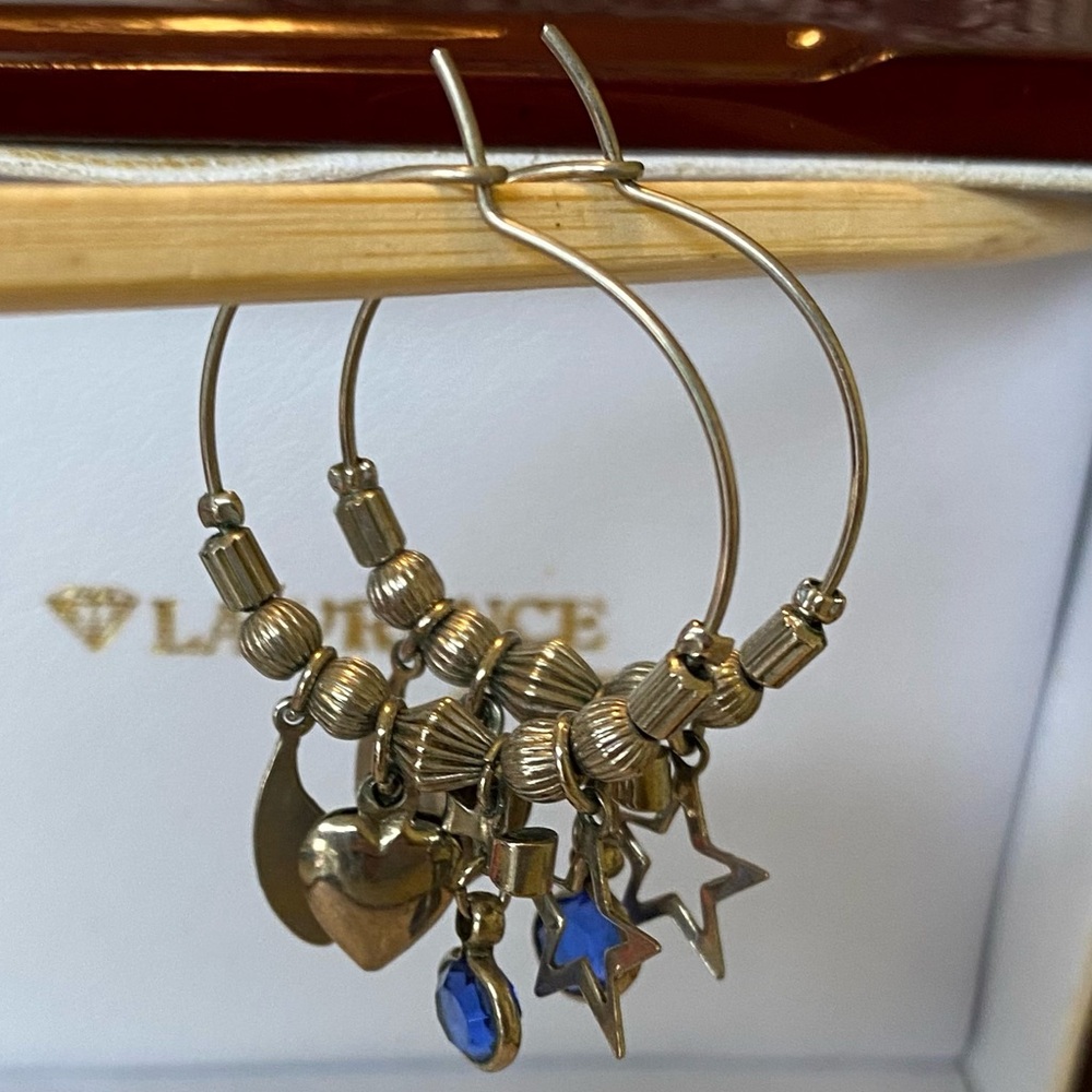 Vintage Silver and Blue Gem, Star, Moon and Heart Charm Earrings
